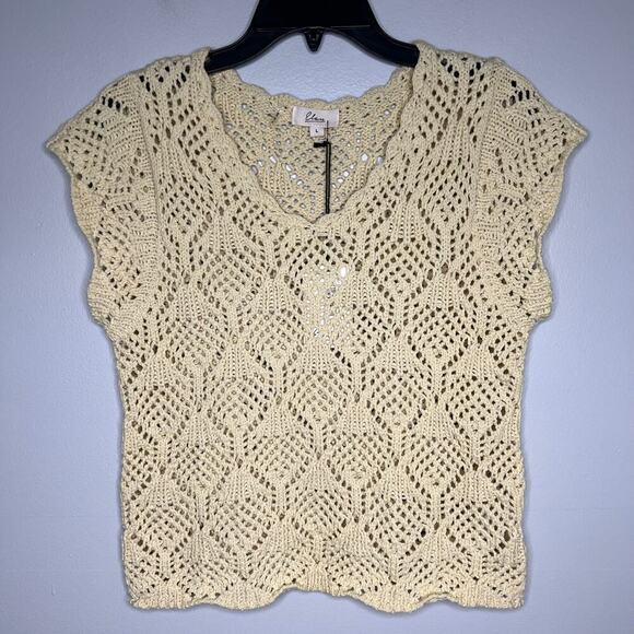 NWT Elan Crochet Open Knit Top Cap Sleeve Butter Yellow Cottage Festival Boho Lg - Picture 1 of 10